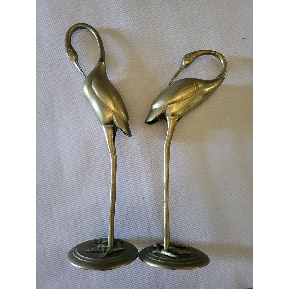 Vintage Brass Crane Heron Statues Pair Mid Century Modern Bird Figurines